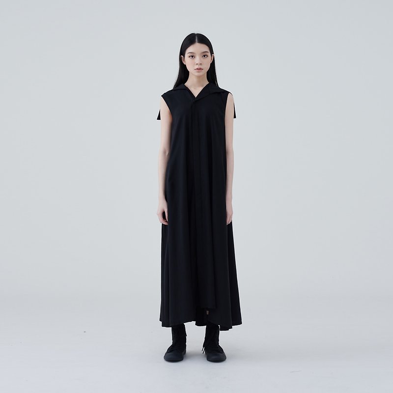 TRAN - 无袖翻领洋装 - 洋装/连衣裙 - 聚酯纤维 黑色