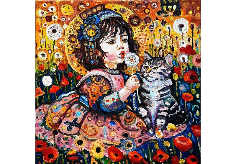 原创画作 Child with Cat 原创艺术 油画 油彩画布 - 墙贴/壁贴 - 其他材质 橘色