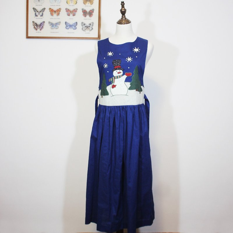 (Vintage美国古着洋装)雪人拼接布花设计蓝色格纹背心洋装F3520 - 洋装/连衣裙 - 棉．麻 蓝色