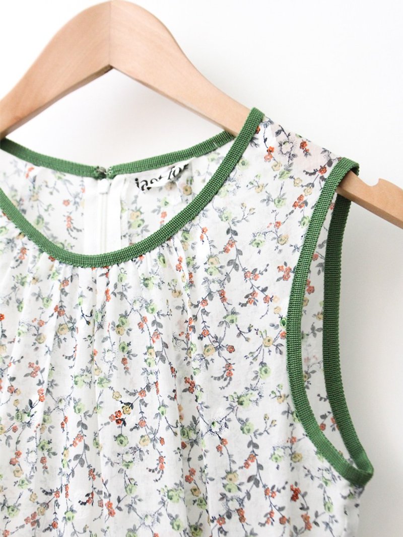 【RE0614D1218】初夏日本制清新碎花绿边白色无袖古着洋装 - 洋装/连衣裙 - 聚酯纤维 白色