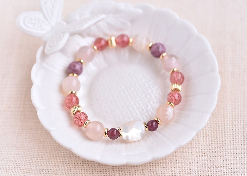 樱花玛瑙+锂云母+草莓晶+珍珠贝手链 - 手链/手环 - 水晶 粉红色