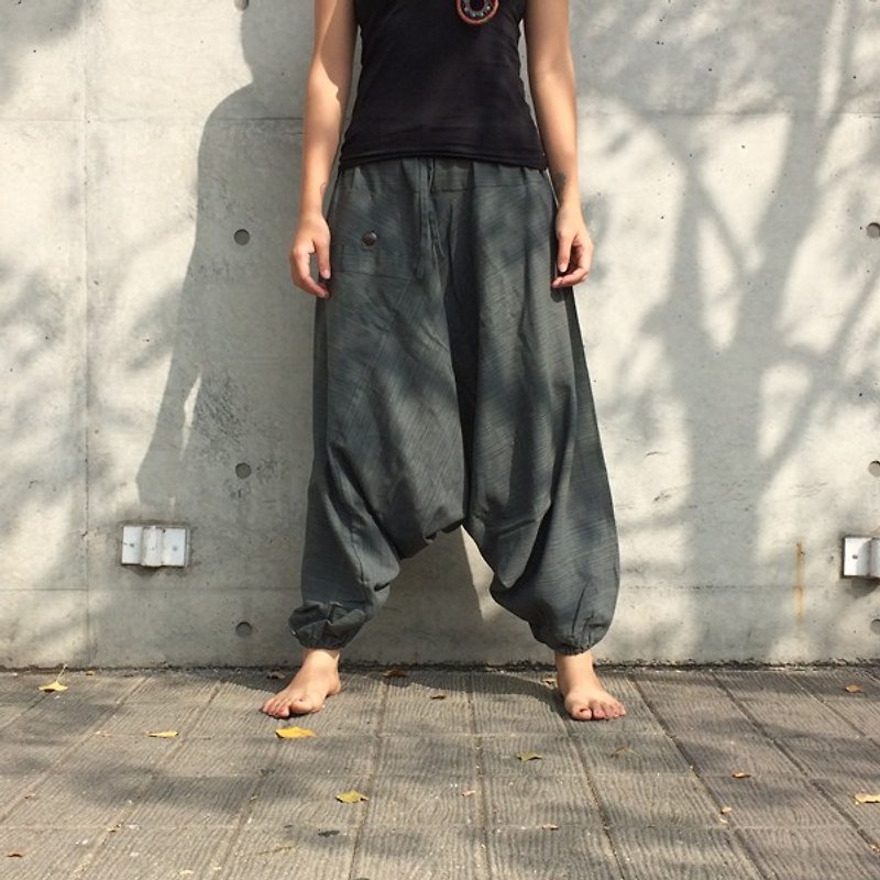 旅行裤-阿里巴巴裤 (冷漠灰)(单口袋)(条纹棉麻) - 女装长裤 - 棉．麻 黑色
