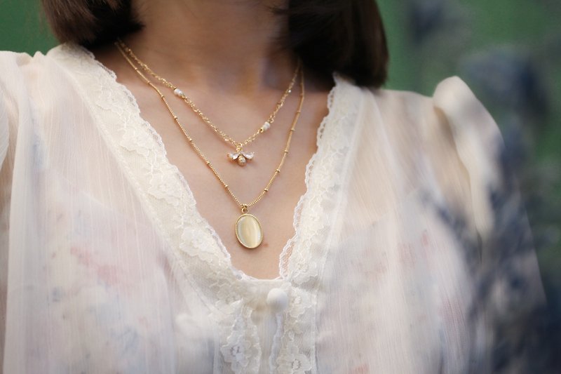 淡水珍珠锆石蜜蜂 14k 包金双层项链 - 项链 - 珍珠 黄色