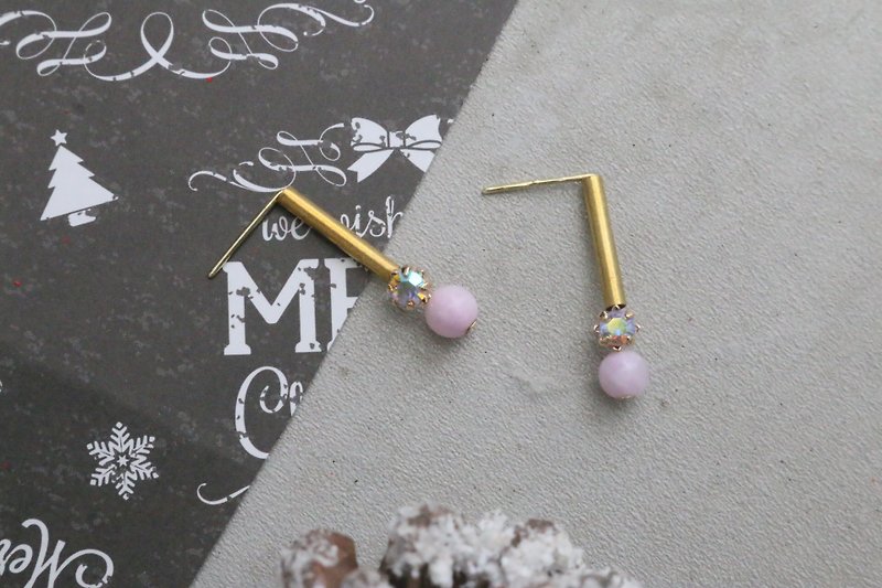白纹石 黄铜 水晶 耳环 （1056 等啊等） - 耳环/耳夹 - 宝石 紫色