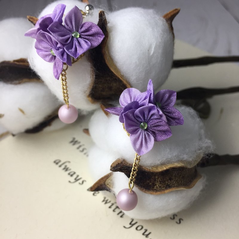 (绣球花) 细工布花 紫色 挂珠耳环 (全6色) つまみ细工 - 耳环/耳夹 - 丝．绢 多色