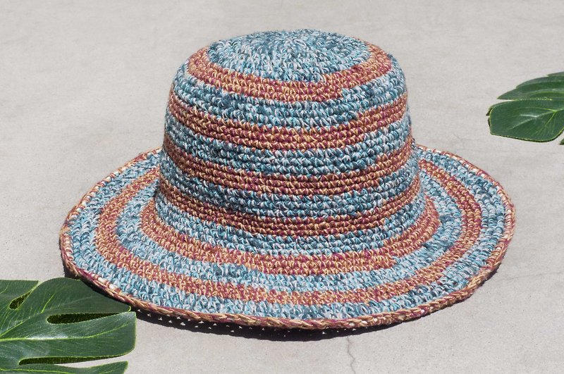 手工编织条纹棉麻帽 编织帽 渔夫帽 遮阳帽草帽-蓝色天空沙漠旅行 - 帽子 - 棉．麻 蓝色