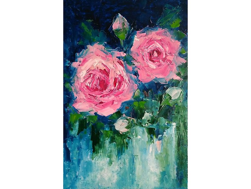 Pink Roses Floral Bouquet Original Painting, Flower Wall Art, Impasto Artwork - 海报/装饰画/版画 - 其他材质 多色