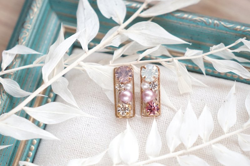珠宝盒 - 几何长方形珍珠耳环 - 樱花粉 (耳针/耳夹) - 耳环/耳夹 - 其他材质 粉红色