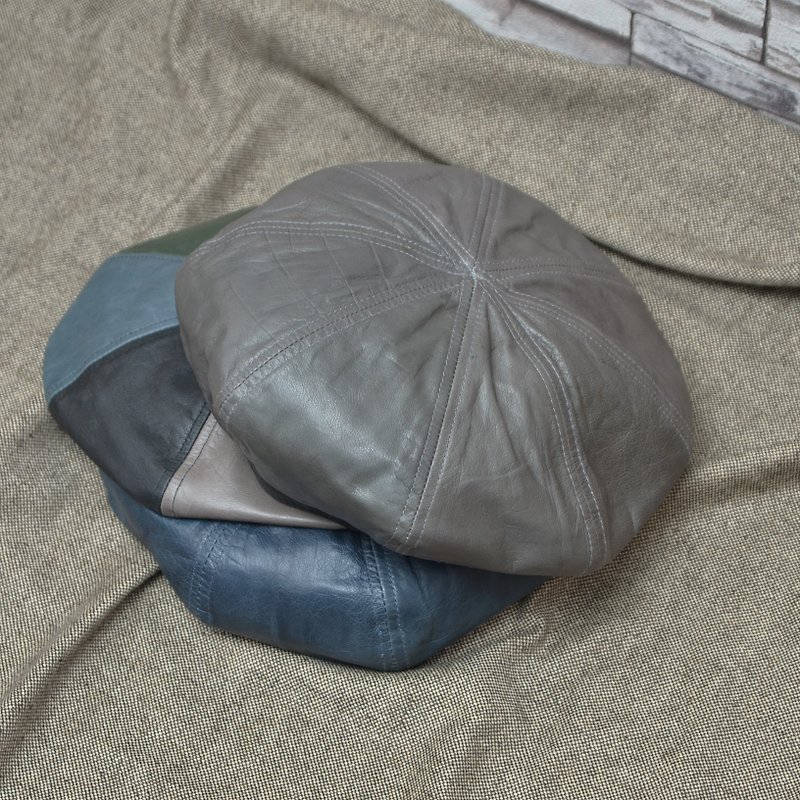 贝雷帽 时尚皮帽 羊皮艺术家 灰色 扁帽 情人节礼物 - 帽子 - 真皮 灰色