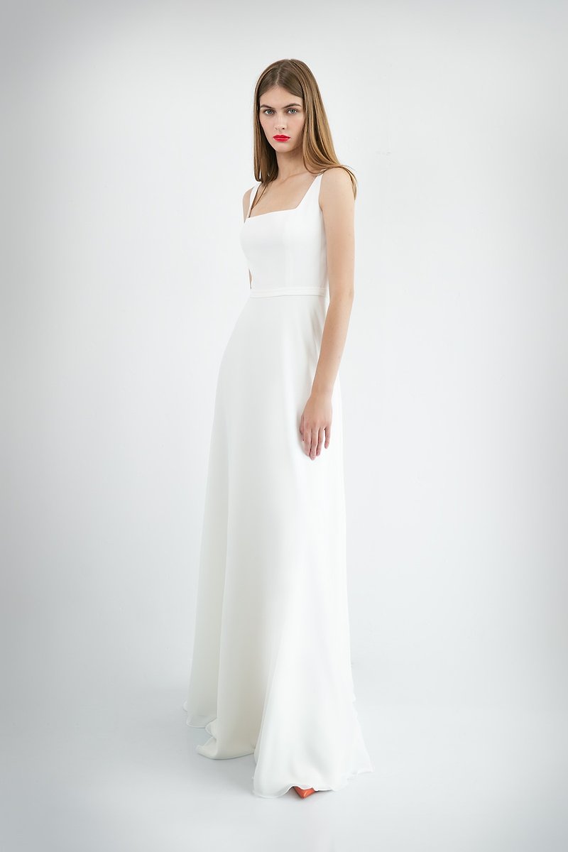 Modest wedding dress with square neckline Long bridal gown EVITA - 晚装/礼服 - 聚酯纤维 白色
