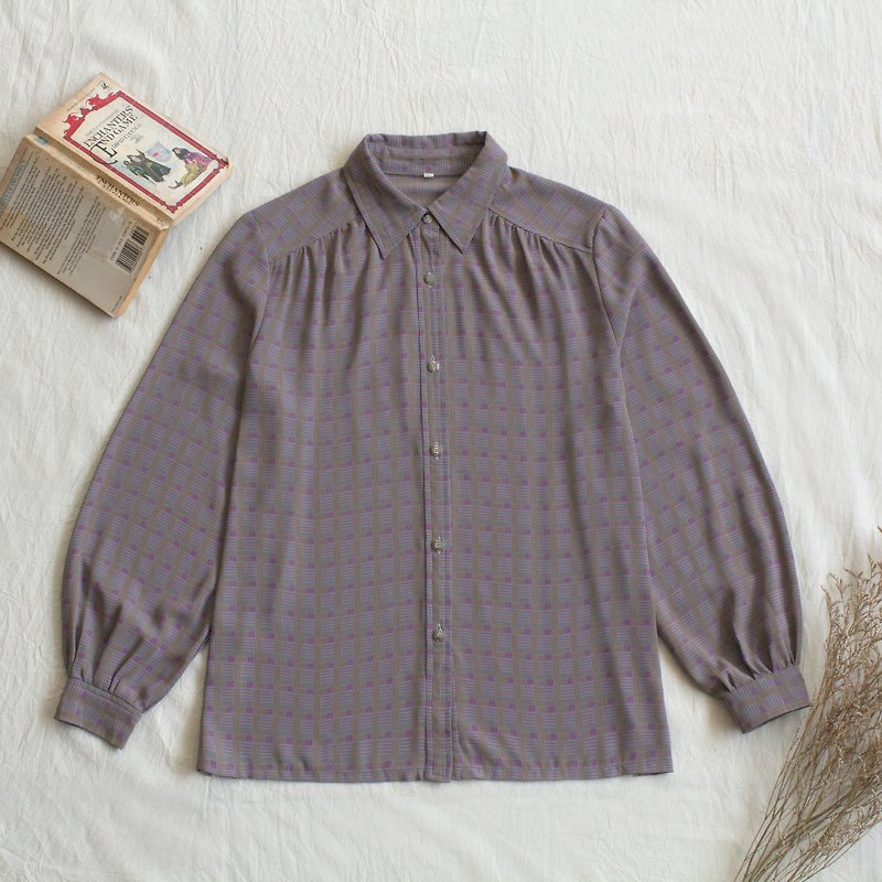 紫灰格古着长袖衬衫 - 女装衬衫 - 聚酯纤维 