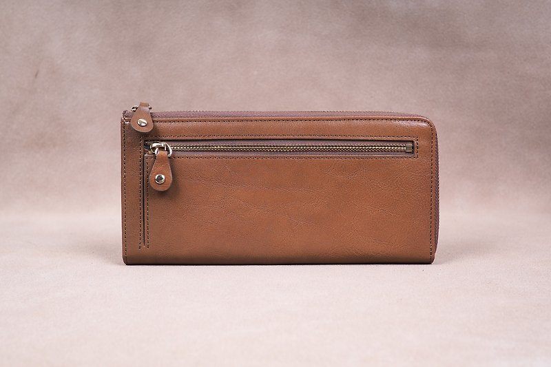 Italian Vegetable Genuine Leather Lady Long Wallet Zipper Wallet Purse Brown - 皮夹/钱包 - 真皮 咖啡色