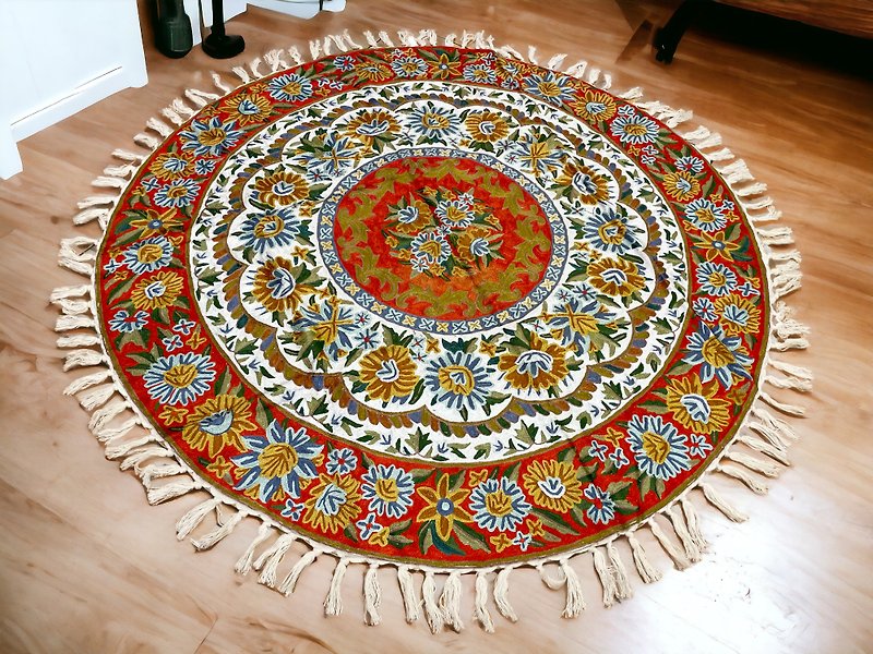 印度喀什米尔 手工刺绣 中型丝质羊毛圆形地毯 121x121 — 披萨 - 摆饰 - 丝．绢 红色