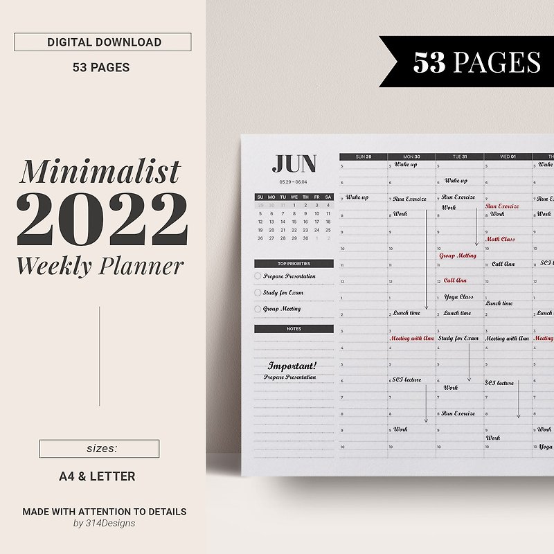 2022 Weekly Planner, Dated Printable Planner, Daily hourly shedule Minimalist - 电子手帐及素材 - 其他材质 