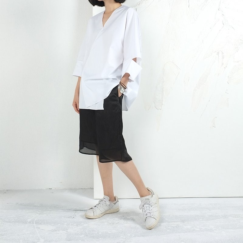 杲果/GAOGUO原创设计师女装品牌 夏款断袖大廓形全棉白衬衫上衣 - 女装衬衫 - 棉．麻 白色