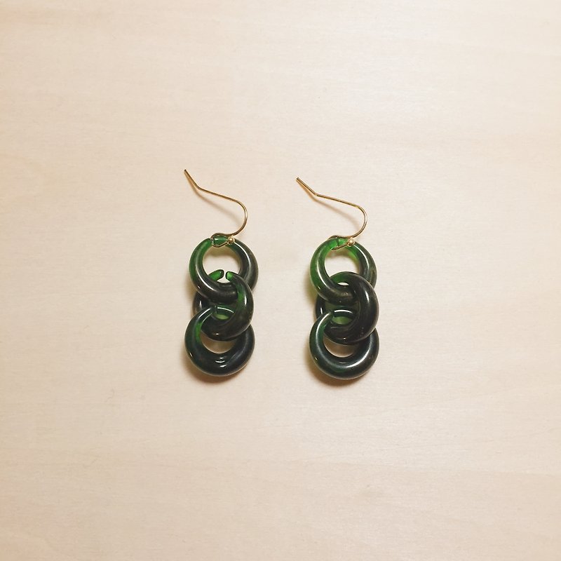 复古墨绿抹金三圈耳环 - 耳环/耳夹 - 树脂 绿色