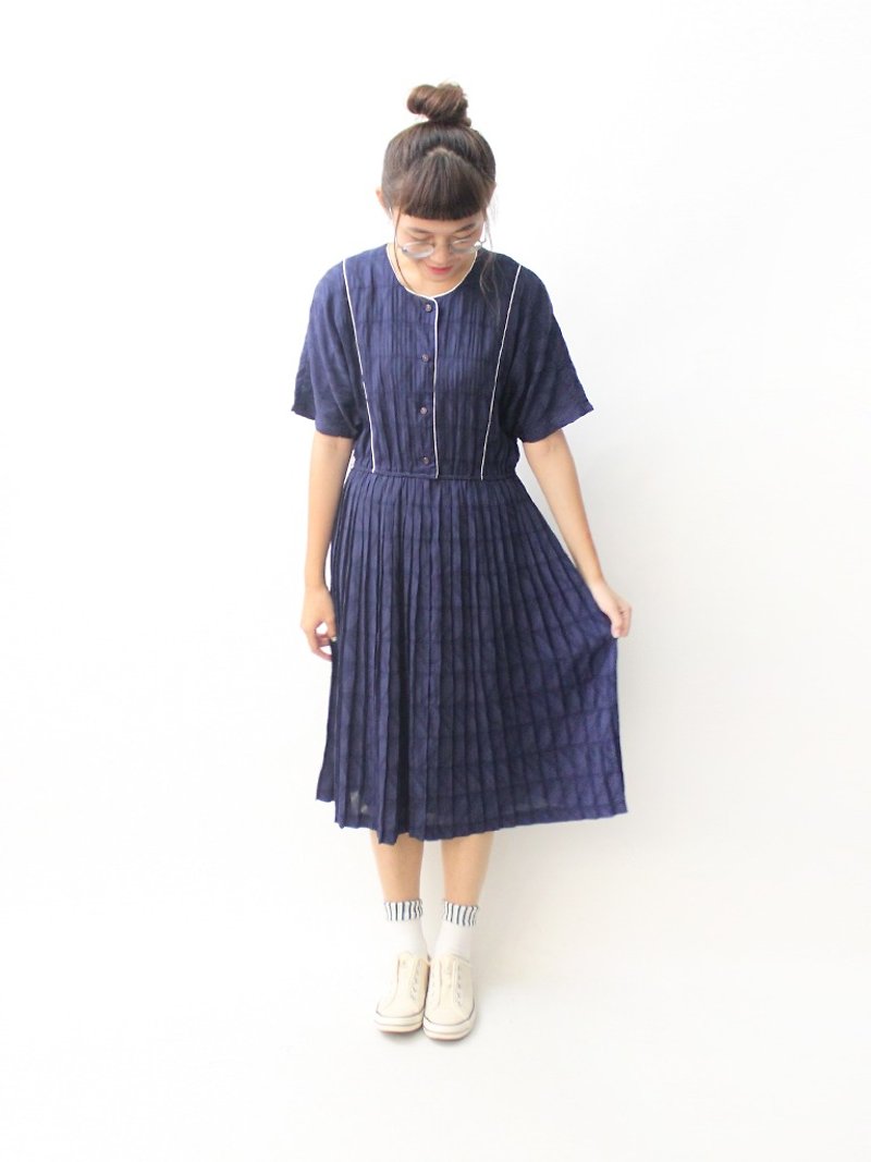【RE0809D1382】夏日本制复古简约深蓝色短袖宽松古着洋装 - 洋装/连衣裙 - 聚酯纤维 蓝色