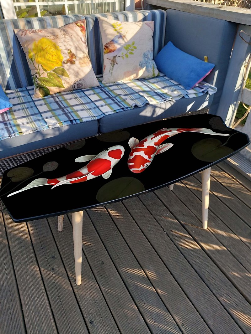 Surfboard Shaped Wooden Black Coffee Table with Koi Fish Japan Style Design - 餐桌/书桌 - 木头 