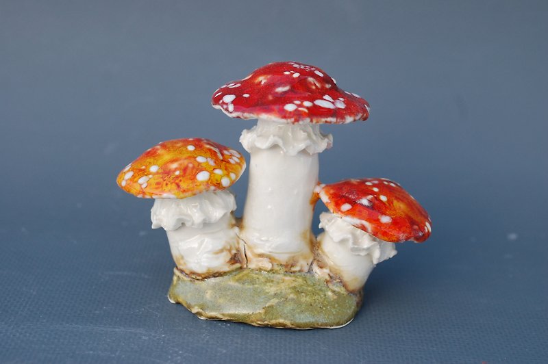 Triple Fly agarics figurine Magic mushrooms Handmade ceramic figurine