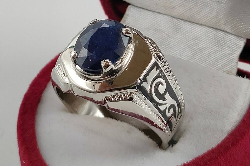 蓝色锡兰蓝宝石男士戒指纯银 925 戒指干净光泽蓝色戒指 - 戒指 - 宝石 蓝色