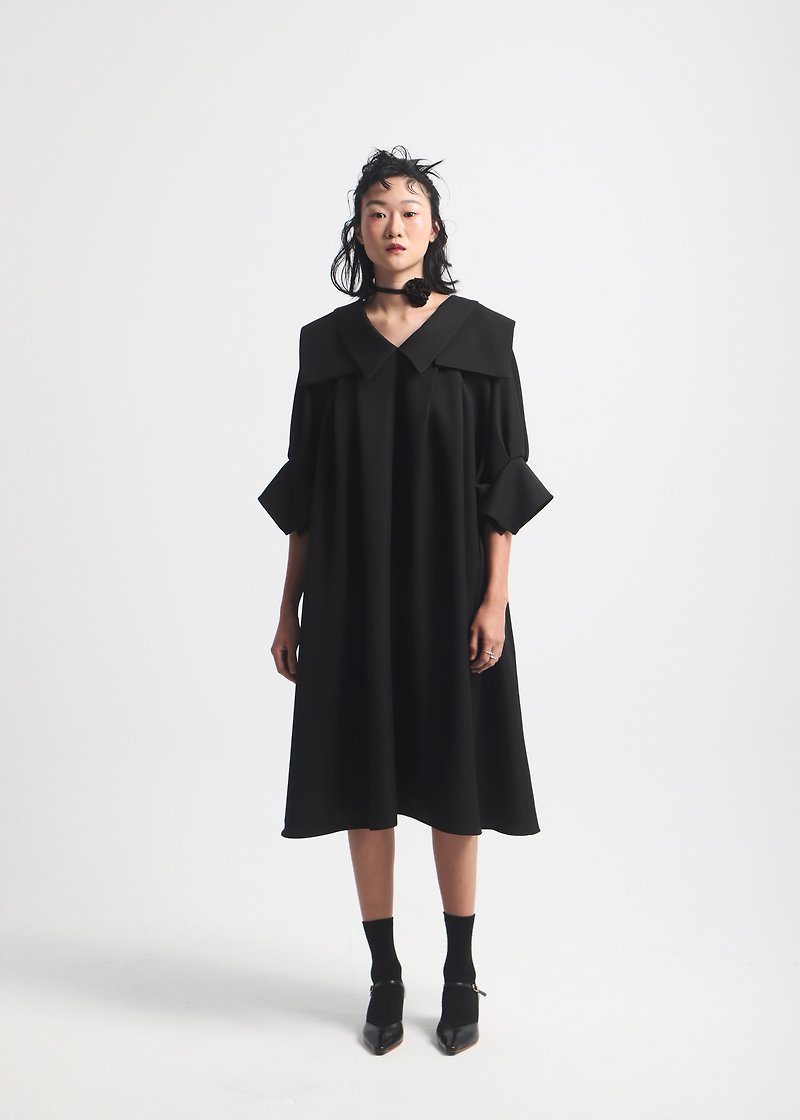 双层领洋装 / 黑 - 洋装/连衣裙 - 聚酯纤维 黑色