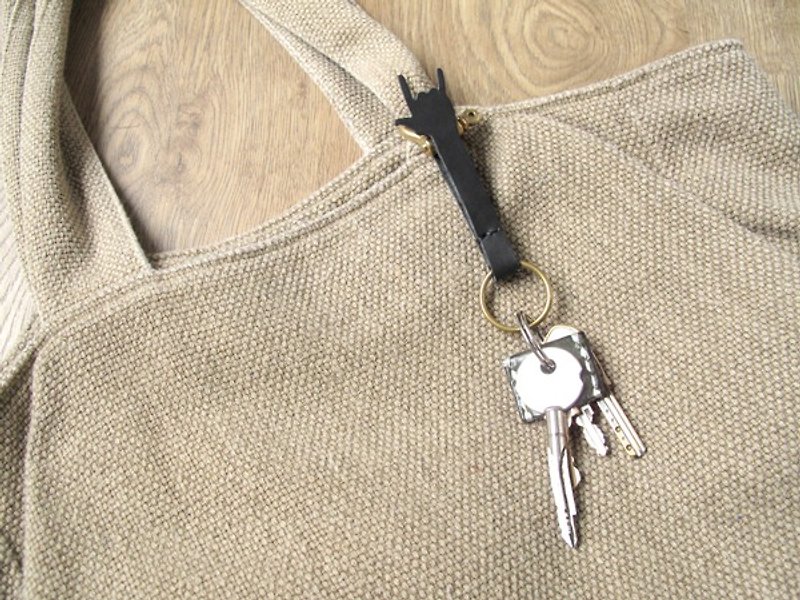 摇滚之手 x 挂包/ 腰间 皮革黄铜钥匙扣 (免费刻字) - 钥匙链/钥匙包 - 真皮 黑色