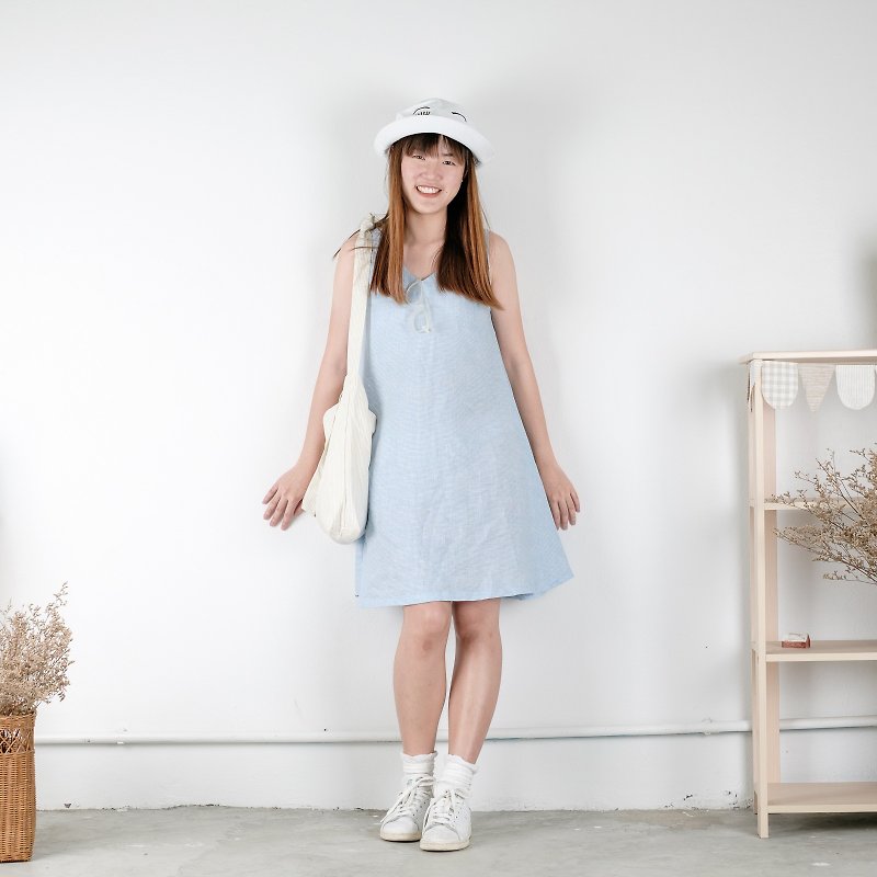 Mini A-dress Linen Fabric (Blue Mini Checkered) - 洋装/连衣裙 - 棉．麻 蓝色