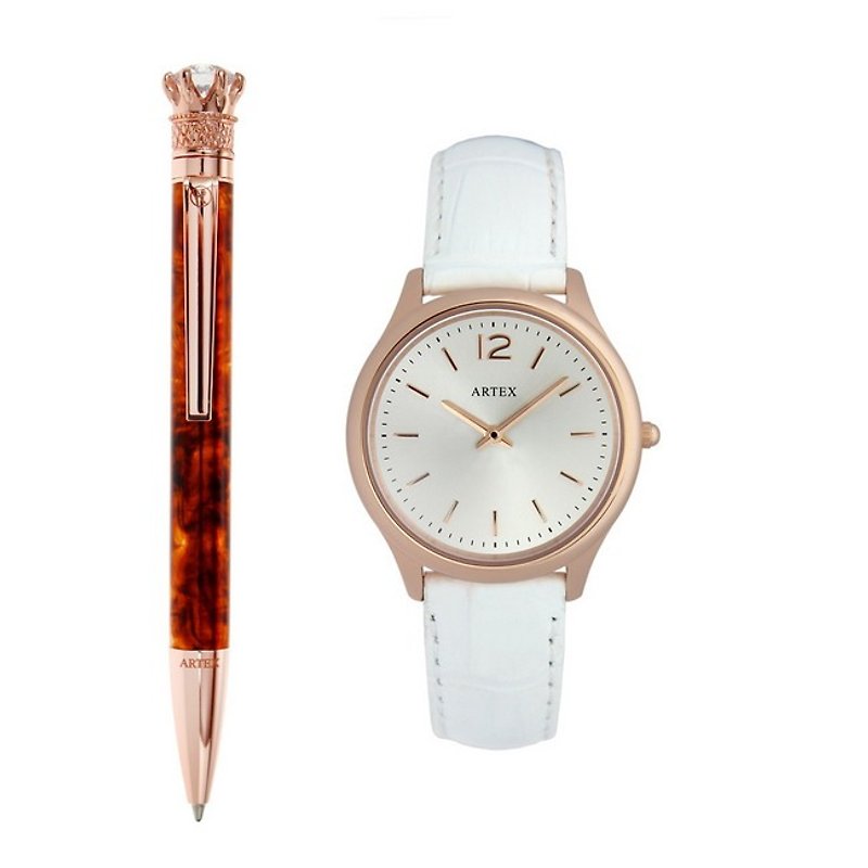 【即将完售5折】ARTEX 皇家礼赞原子笔+手表 双组合 - 女表 - 真皮 白色