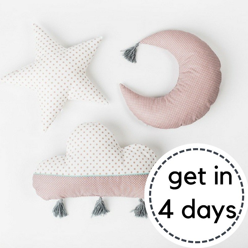 Set of 3! Pillow set cloud - star - moon, white, pastel pink polka dot - 玩具/玩偶 - 棉．麻 粉红色