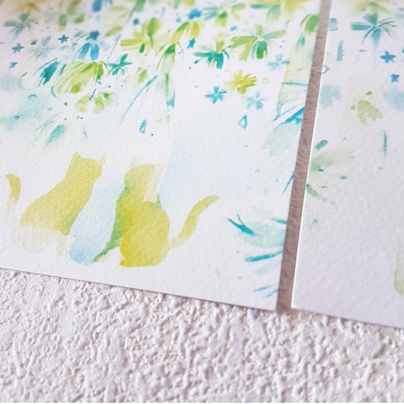 猫之聆夏－水彩明信片 - 卡片/明信片 - 纸 绿色