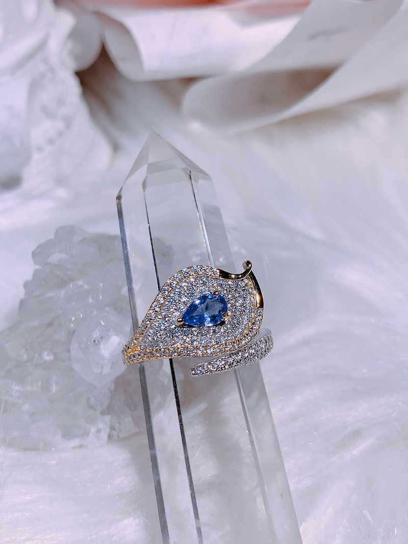 天然丹泉石 坦桑石 镀金眼镜蛇款 0.37克拉 925纯银 12月诞生石 - 戒指 - 宝石 蓝色
