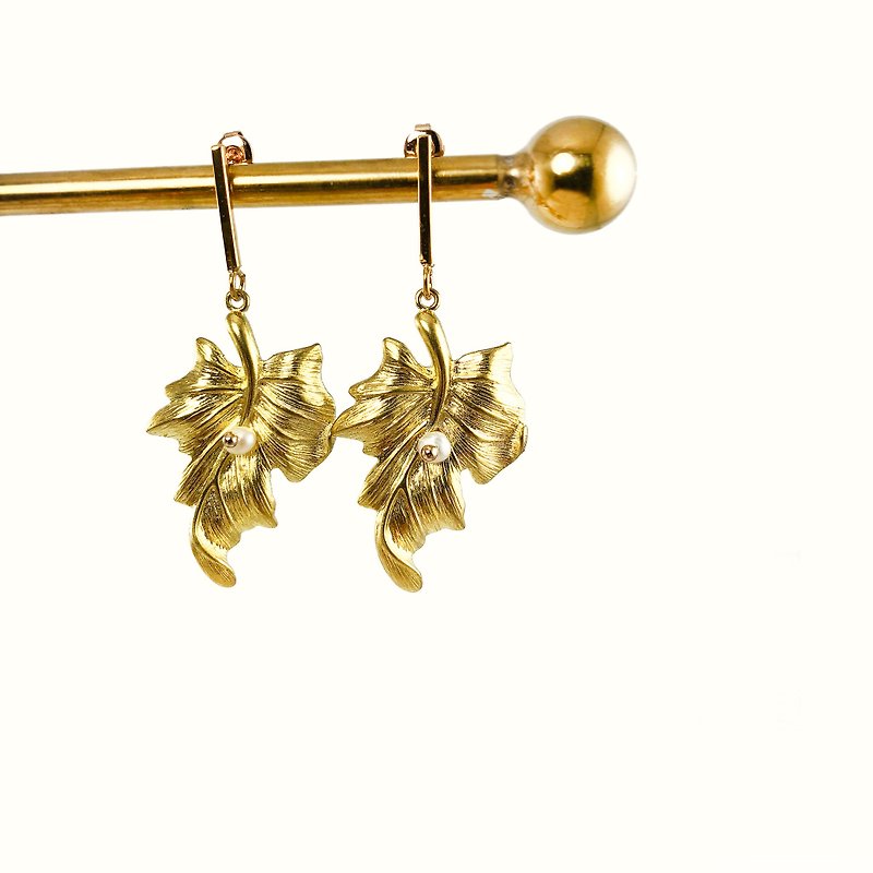 和风珍珠925纯银耳环 珍珠 日本风格 叶子 母亲节礼物 耳夹耳环
