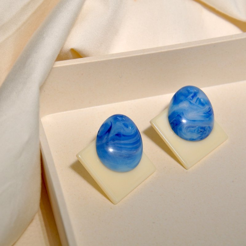压克力 耳环/耳夹 - 渲染蓝色蛋面方块耳环/ 压克力耳环