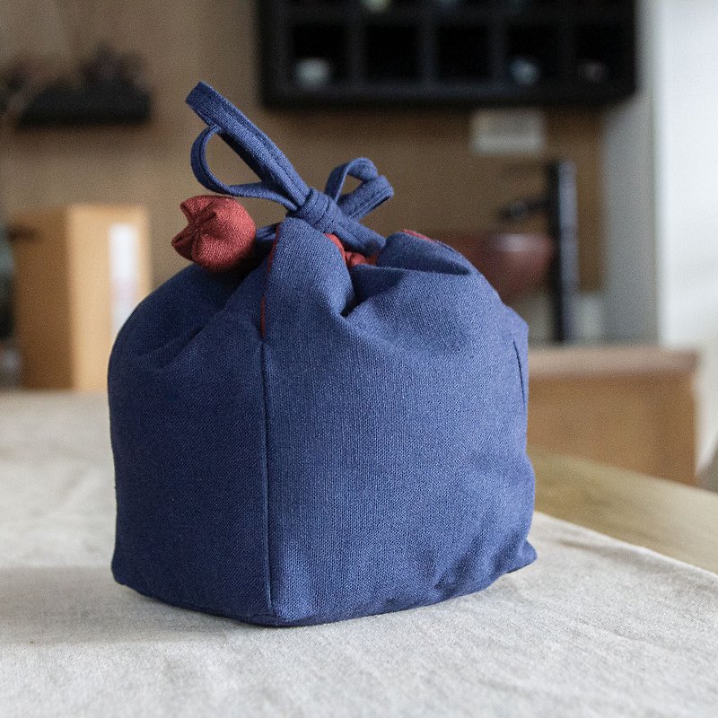 盖碗布包 - 经典蓝 小壶布包 - 随行杯提袋/水壶袋 - 棉．麻 蓝色
