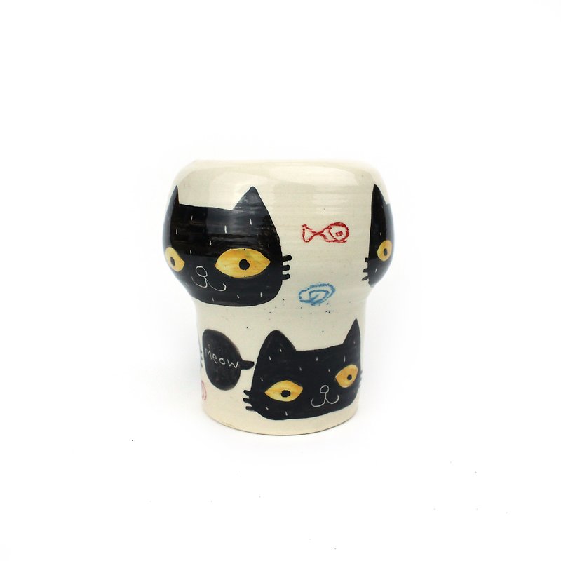 Nice Little Clay 花器 黑猫与鸟 0908-3 - 花瓶/陶器 - 陶 白色