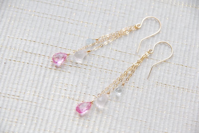 Pink topaz and 3 drop pierced earring of a spring scenery stone  14kgf