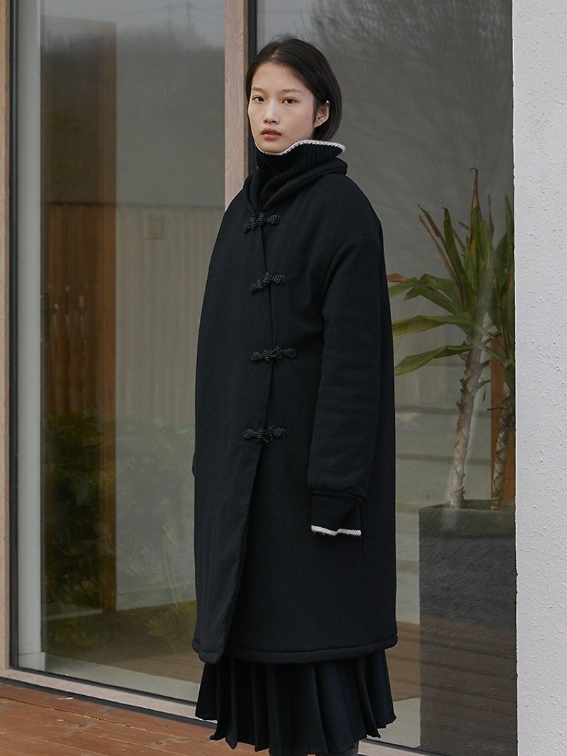 黑色 2色复古旗袍盘扣棉服 肌理质料 新中式斜襟长款棉袄大衣外套 - 女装休闲/机能外套 - 羊毛 黑色