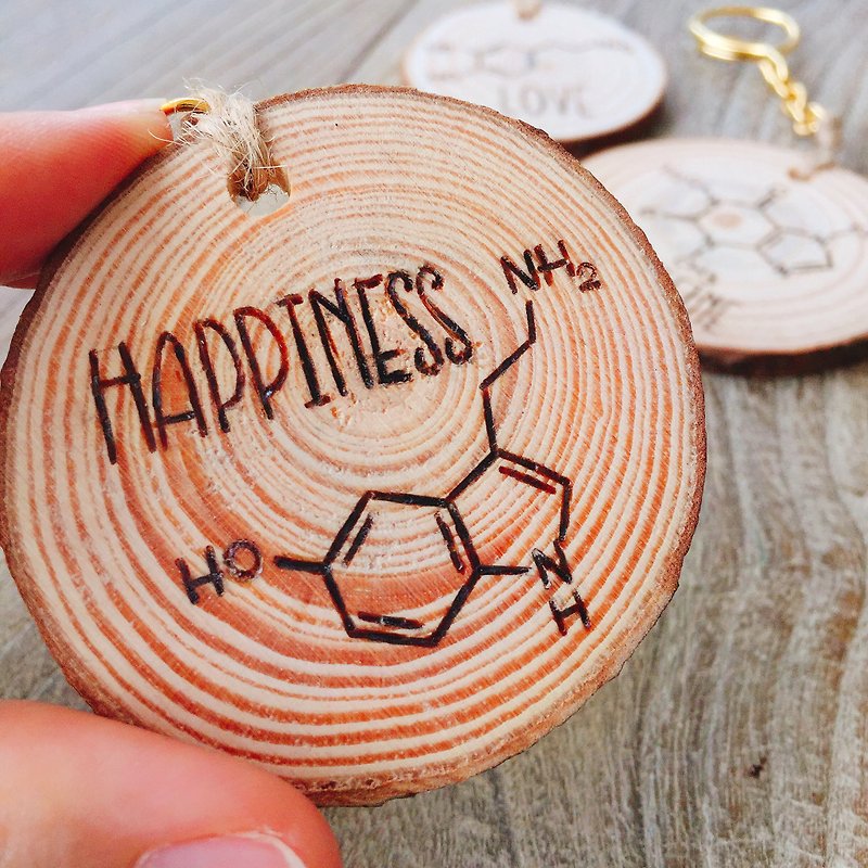 幸福-化学分子原木艺术钥匙扣。快乐元素个性木质感木烙钥匙圈。 - 吊饰 - 木头 