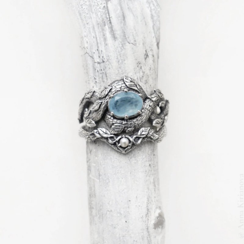 天然海蓝宝石龙戒指和珍珠叶戒指套装 - 戒指 - 纯银 