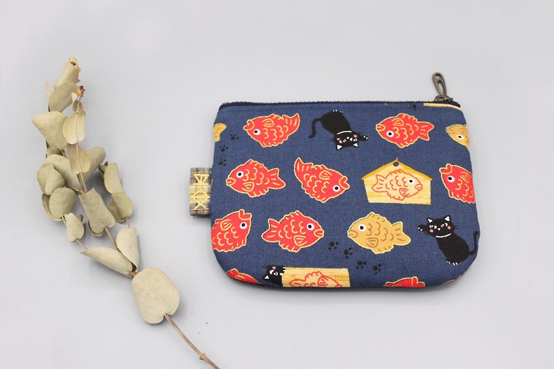 平安小乐包-猫咪金鱼烧,日本棉麻布,小钱包 - 皮夹/钱包 - 棉．麻 蓝色