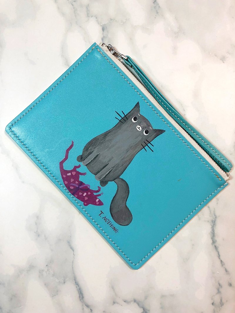 手绘图案 能干猫真皮零钱包 | 手机包 | 小皮夹 | 手拿包 - 手拿包 - 真皮 蓝色