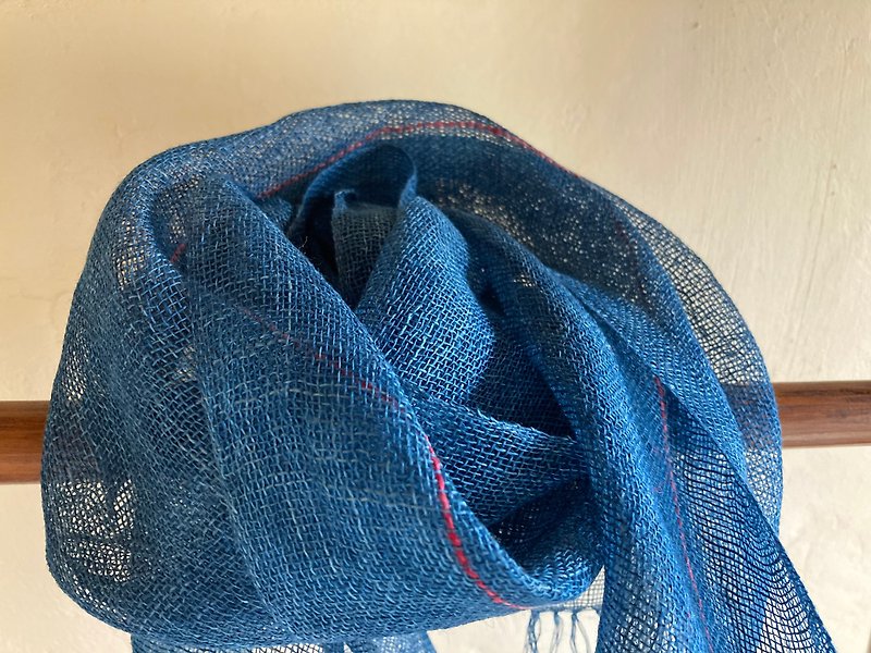 手織りヘンプストール藍 - 丝巾 - 棉．麻 蓝色