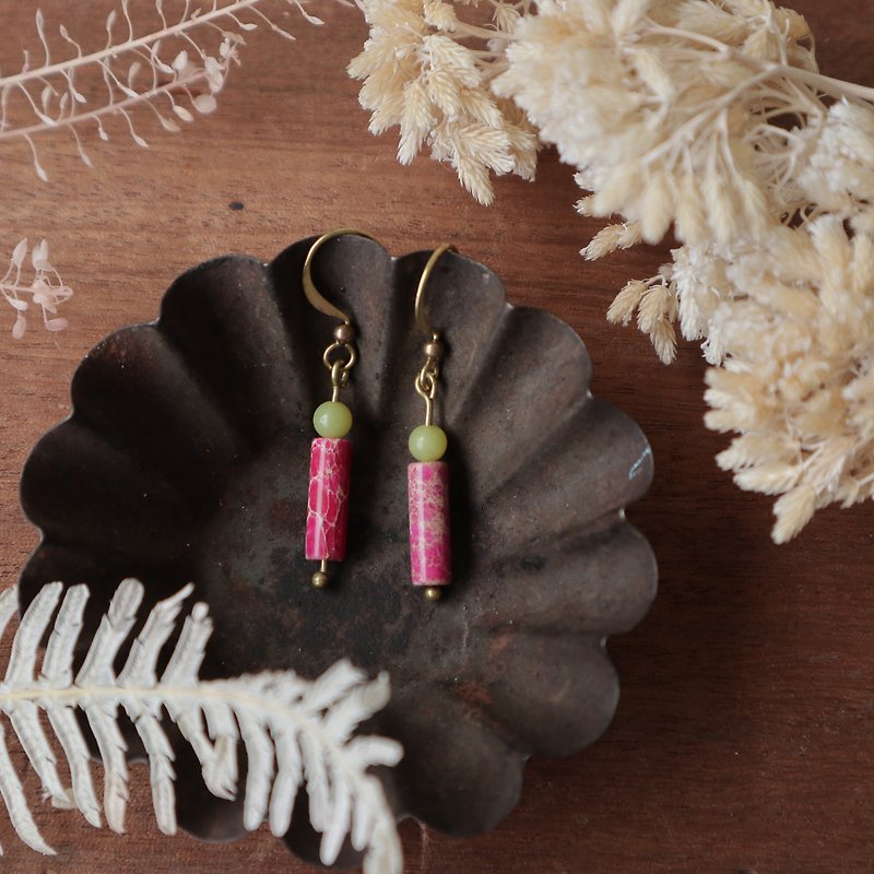 天然石几何黄铜系列耳环-莓果优格 - 耳环/耳夹 - 铜/黄铜 粉红色