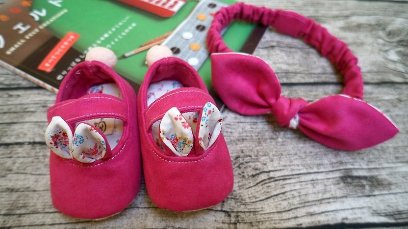 日系小白兔娃娃鞋可爱桃红蝴蝶结发带婴儿鞋学步鞋满月弥月礼盒 - 满月礼盒 - 其他材质 