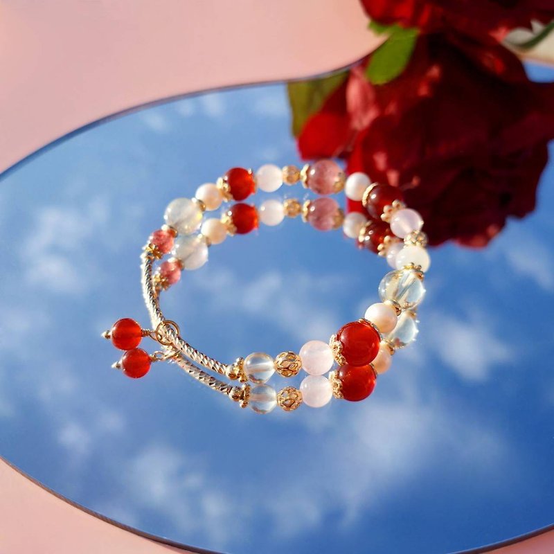 浓烈地。拉长石 淡水珍珠 红玛瑙 14K包金 水晶矿石设计手链 - 手链/手环 - 水晶 红色