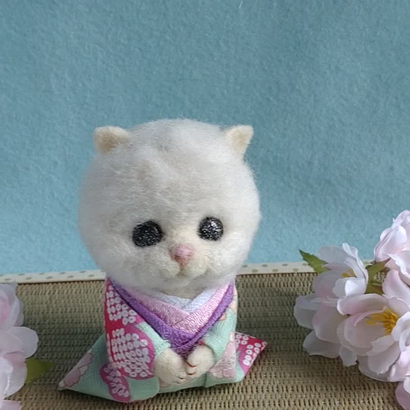 着物を着た猫　No.13　白　薄緑 - 摆饰 - 羊毛 白色