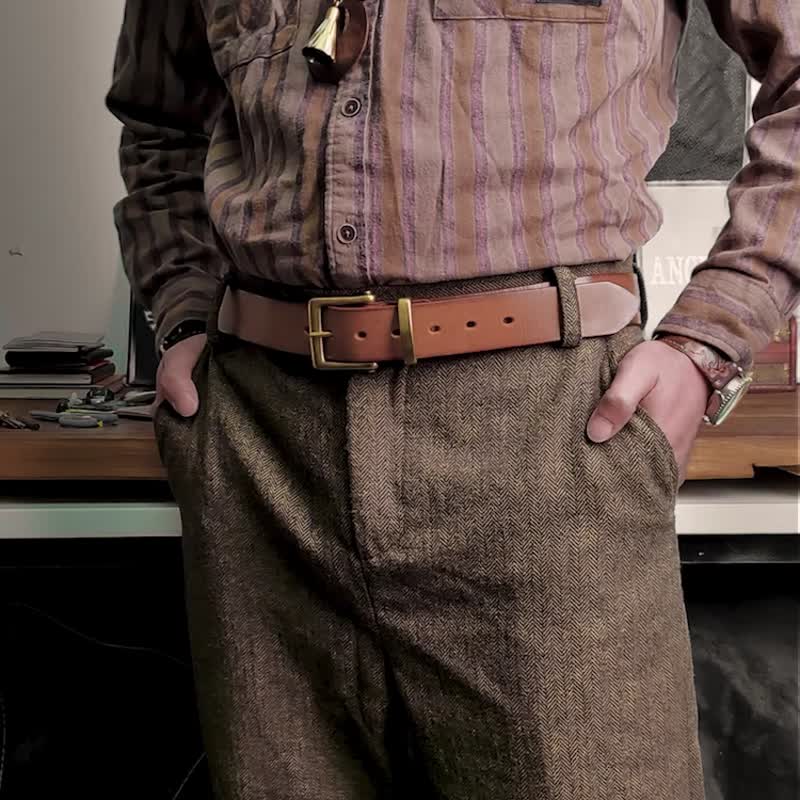 美式复古植鞣牛皮皮带 手工牛皮铜扣腰带 宽3.8cm 男 可打洞 真皮 - 腰带/皮带 - 真皮 咖啡色