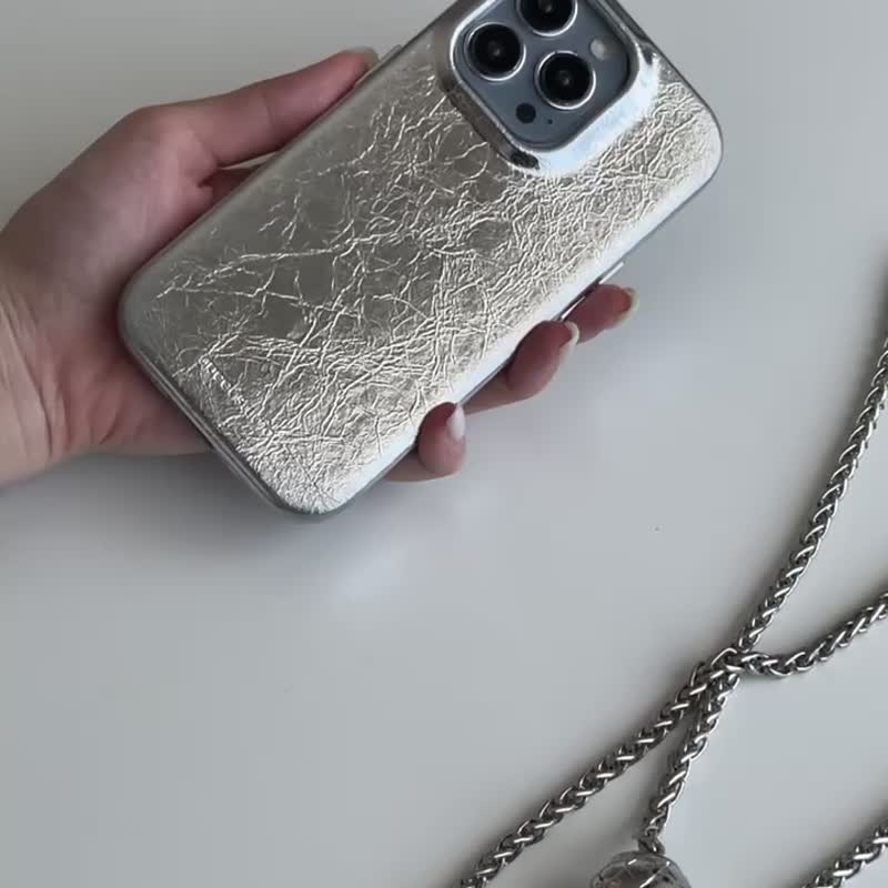 银色爆裂纹 iPhone 磁吸全包皮革防摔保护壳 (支持MagSafe) - 手机壳/手机套 - 人造皮革 银色