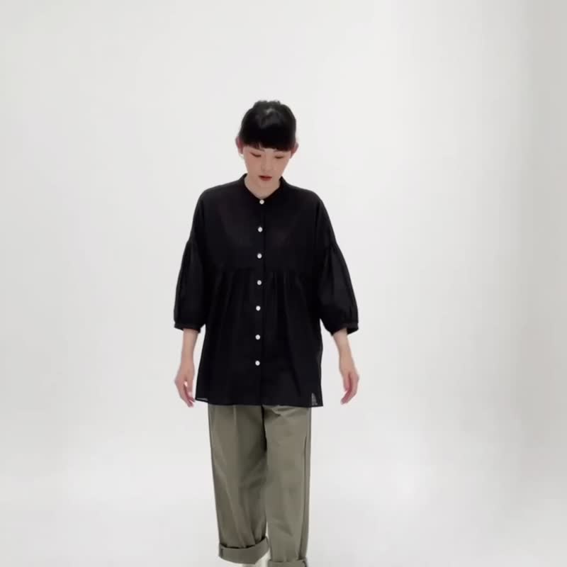 3/4 Sleeve Mandarin Collar Shirt - Black - 女装衬衫 - 亚麻 黑色