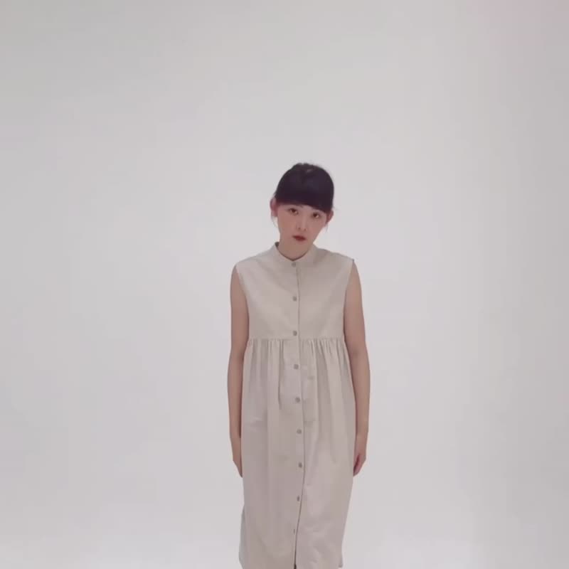 Mandarin Collar Sleeveless Dress - Beige - 洋装/连衣裙 - 棉．麻 卡其色